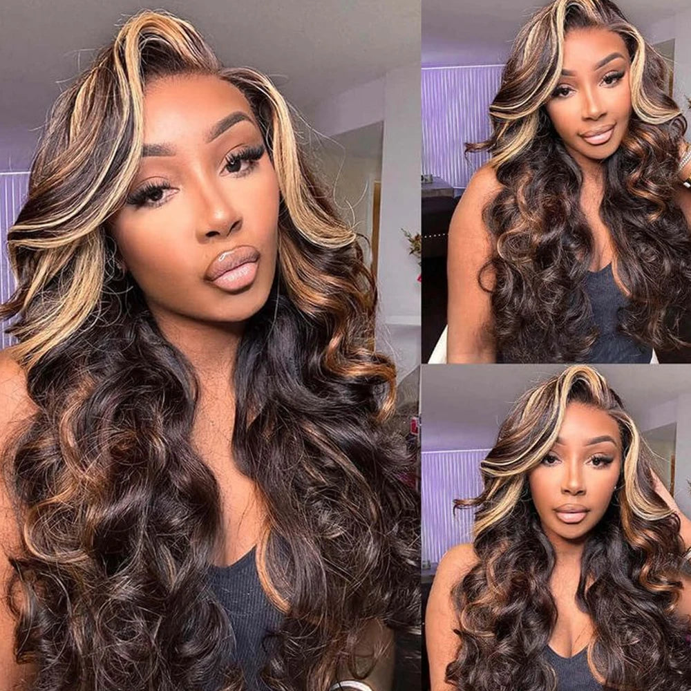 13x6 Highlight Body Wave Lace Front Wig Human Hair 13x6 HD Transparent Lace Frontal Wig Remy For Black Women 180% Density
