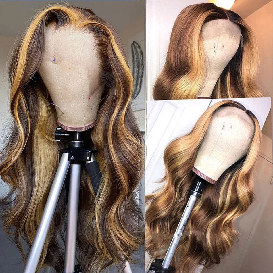 13x6 Highlight Body Wave Lace Front Wig Human Hair 13x6 HD Transparent Lace Frontal Wig Remy For Black Women 180% Density