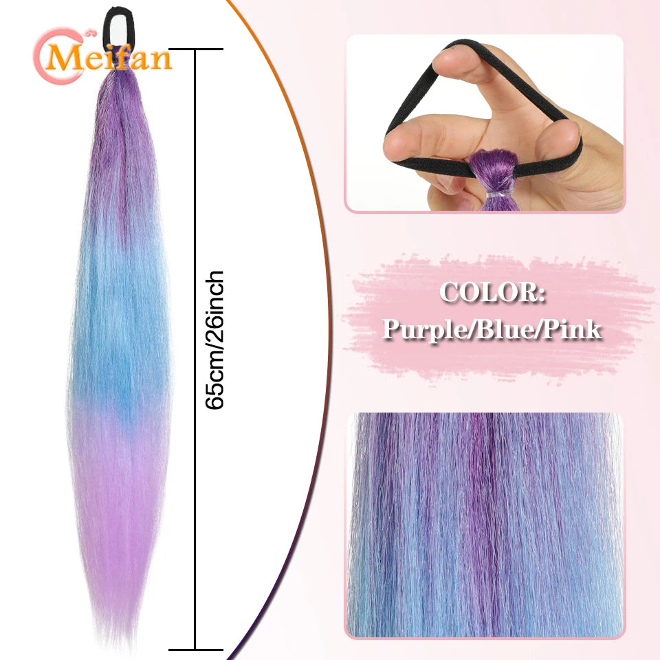 MEIFAN Synthetic Color Braid Ponytail Extension with Elastic Tie Red Green Blue Pink Straight Hair Wrap Around Braid Ponytail