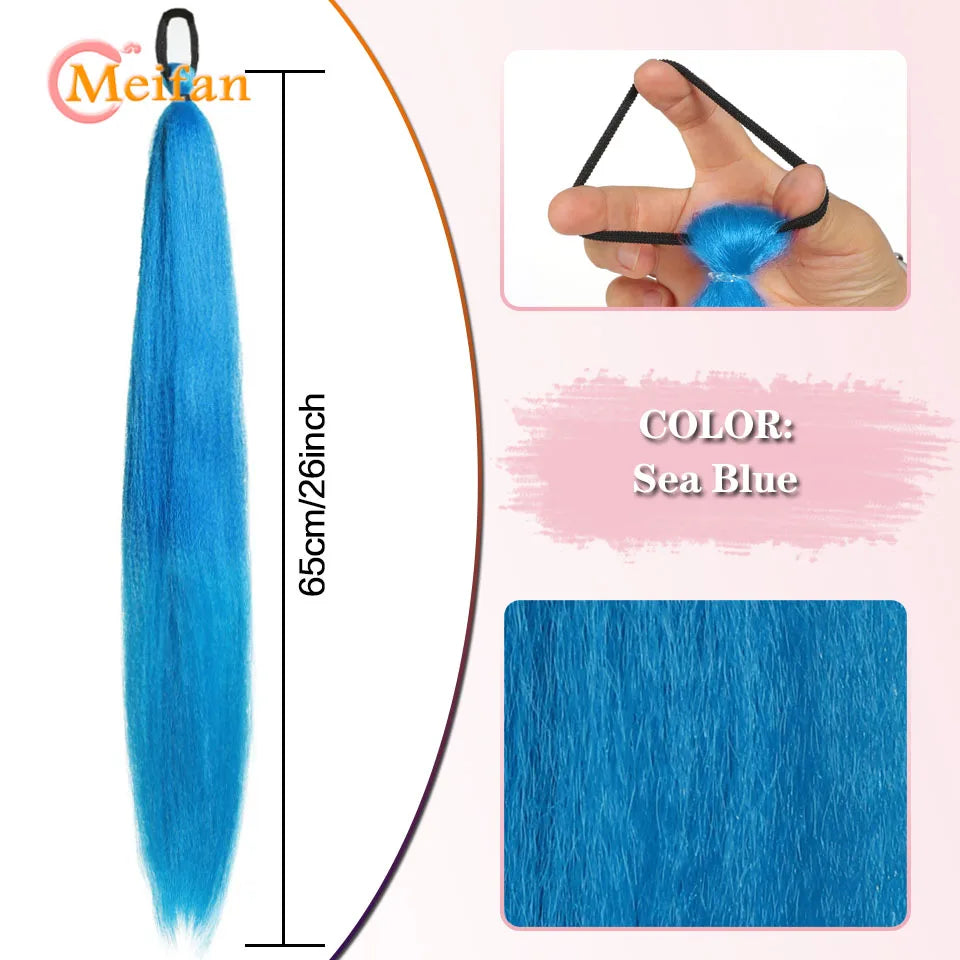 MEIFAN Synthetic Color Braid Ponytail Extension with Elastic Tie Red Green Blue Pink Straight Hair Wrap Around Braid Ponytail