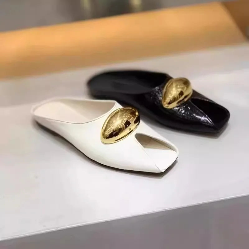 2025 new leather elegant temperament metal buckle fish mouth slippers fashionable flat shoes cool slippers summer trend