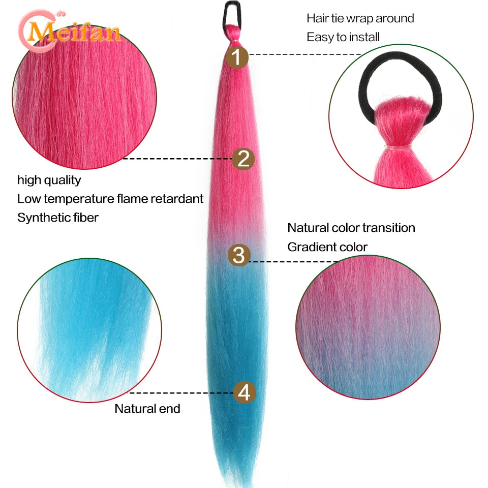 MEIFAN Synthetic Color Braid Ponytail Extension with Elastic Tie Red Green Blue Pink Straight Hair Wrap Around Braid Ponytail