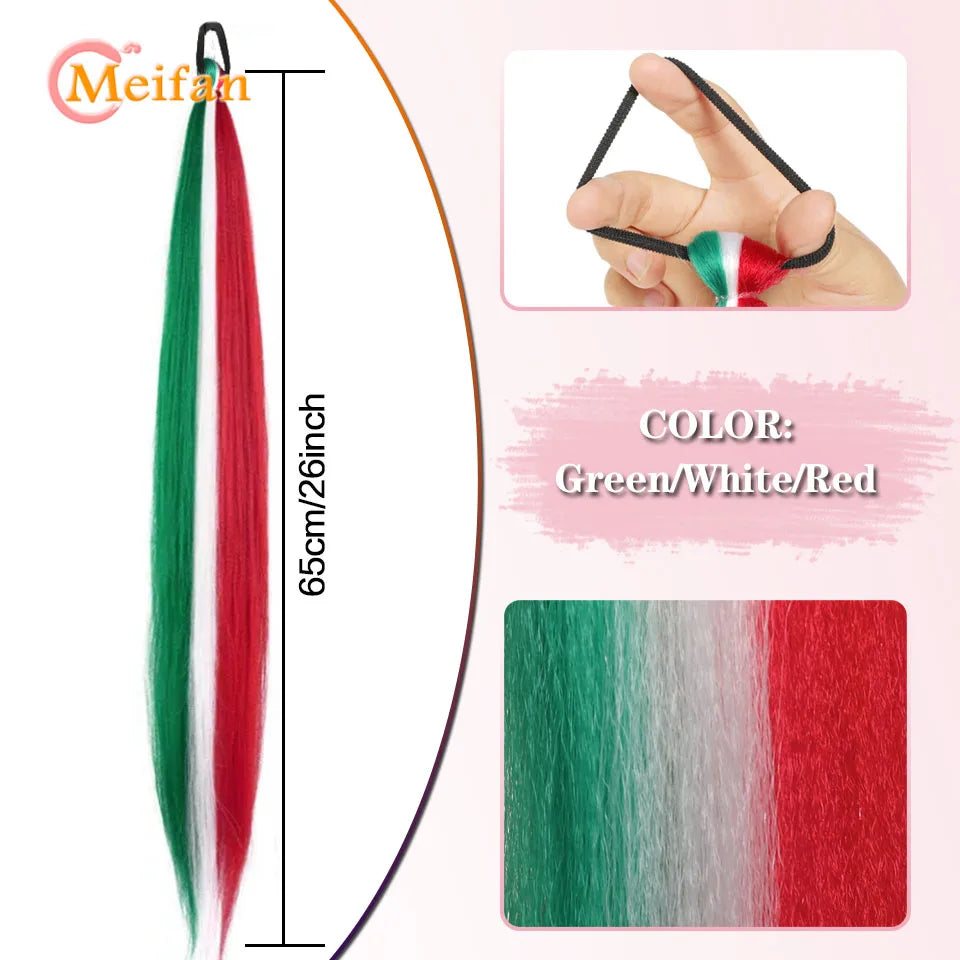 MEIFAN Synthetic Color Braid Ponytail Extension with Elastic Tie Red Green Blue Pink Straight Hair Wrap Around Braid Ponytail