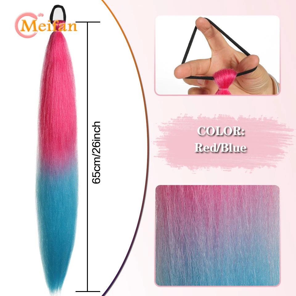MEIFAN Synthetic Color Braid Ponytail Extension with Elastic Tie Red Green Blue Pink Straight Hair Wrap Around Braid Ponytail