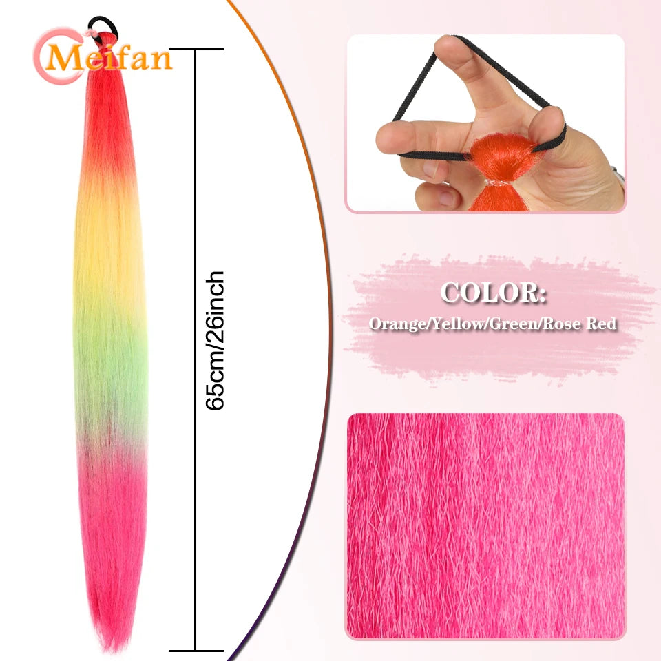 MEIFAN Synthetic Color Braid Ponytail Extension with Elastic Tie Red Green Blue Pink Straight Hair Wrap Around Braid Ponytail