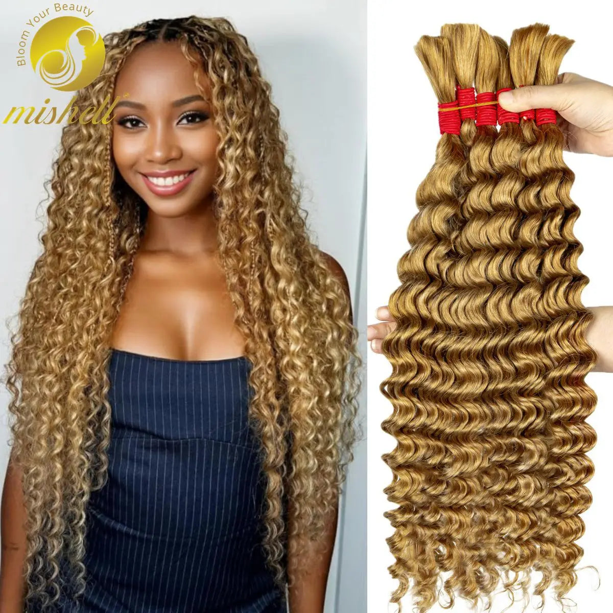 22inch 99J# Burgundy Bulk Human Hair for Boho Braids No Weft 1 Bundle 50g Deep Wave Human Hair Bulk Curly Extensions for Women