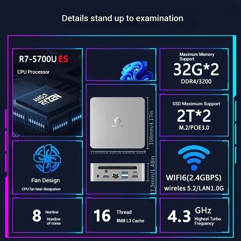 2025 GenMachine Mini PC R7 5700U 4800H ES Support Windows 11 DDR4 3200MHz AMD WiFi6 BT5.2 Pc Gamer Diy Gaming Computer Ordenador