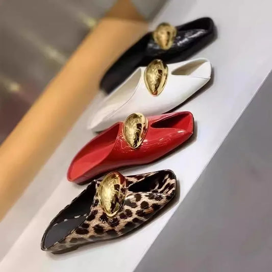 2025 new leather elegant temperament metal buckle fish mouth slippers fashionable flat shoes cool slippers summer trend