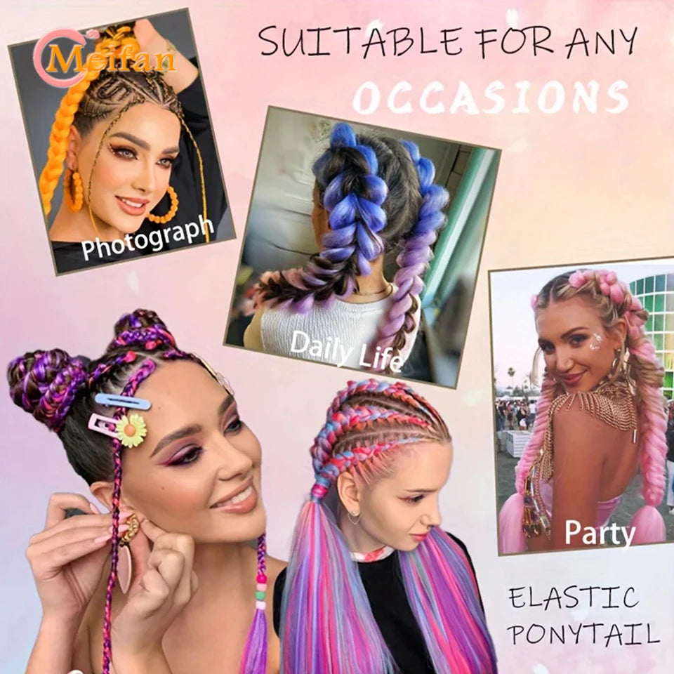 MEIFAN Synthetic Color Braid Ponytail Extension with Elastic Tie Red Green Blue Pink Straight Hair Wrap Around Braid Ponytail