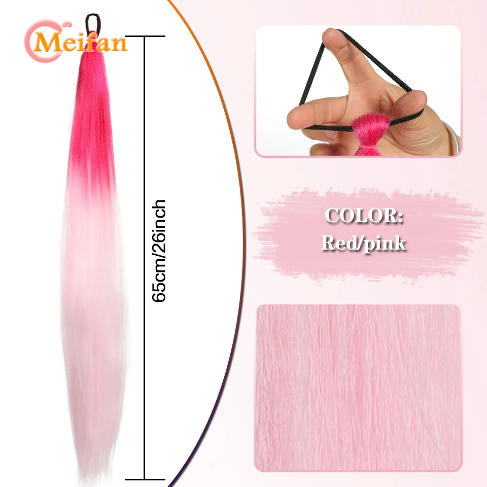 MEIFAN Synthetic Color Braid Ponytail Extension with Elastic Tie Red Green Blue Pink Straight Hair Wrap Around Braid Ponytail