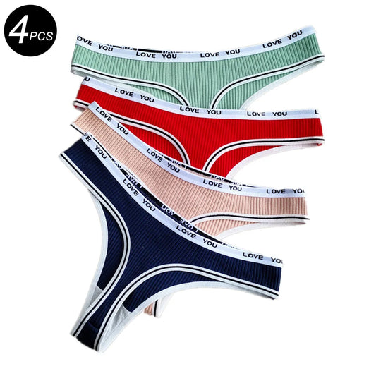 4Pcs/Set Ribbed Thong for Women Letters Waist Cotton Panties Sports G-strings Sexy Lingerie Female Underwear Calzones Mujer