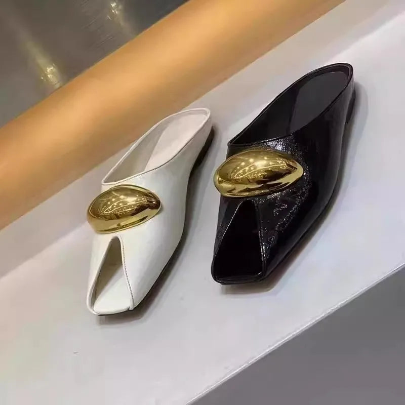 2025 new leather elegant temperament metal buckle fish mouth slippers fashionable flat shoes cool slippers summer trend