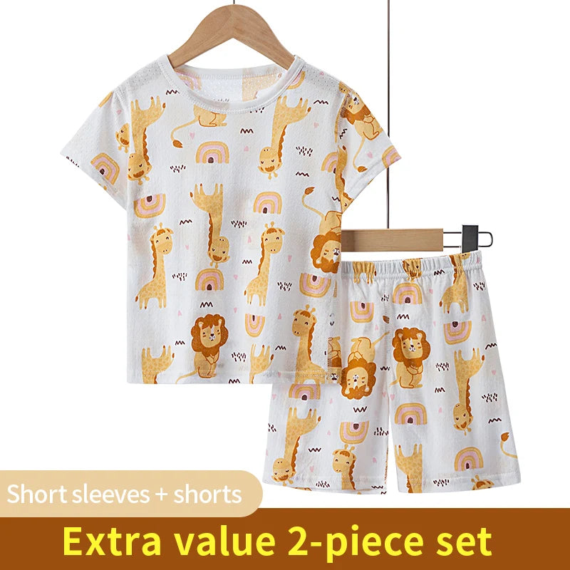 2 Pack CHILDREN'S Cotton Printed Short-sleeved Shorts Boy Summer Comfortable Leisure Dinosaur Lion Suit.