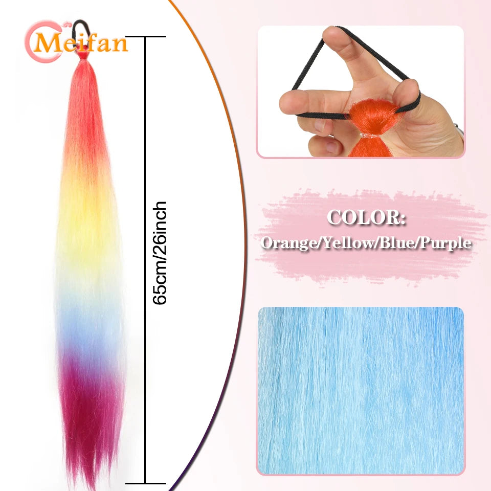 MEIFAN Synthetic Color Braid Ponytail Extension with Elastic Tie Red Green Blue Pink Straight Hair Wrap Around Braid Ponytail