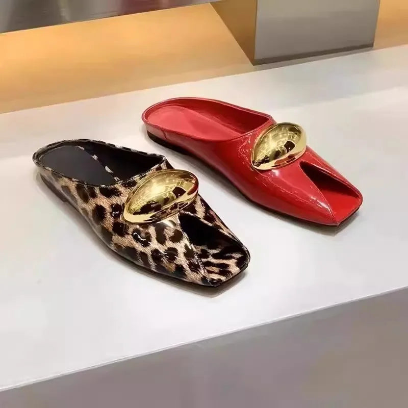2025 new leather elegant temperament metal buckle fish mouth slippers fashionable flat shoes cool slippers summer trend